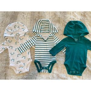 Baby Boy - 0-6 Hanes Long Sleeve Hooded Blue / Green Onesies (Set of 3)